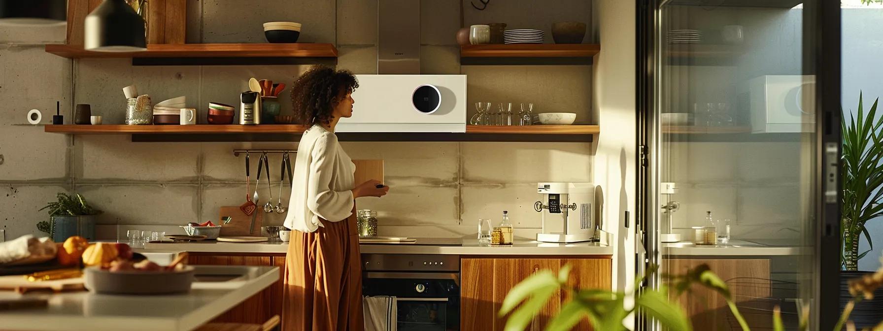 a homeowner stands attentively in a modern, well-lit kitchen, surrounded by boiler troubleshooting manuals and tools, with a focused expression as they examine a sleek, contemporary boiler unit against the wall.