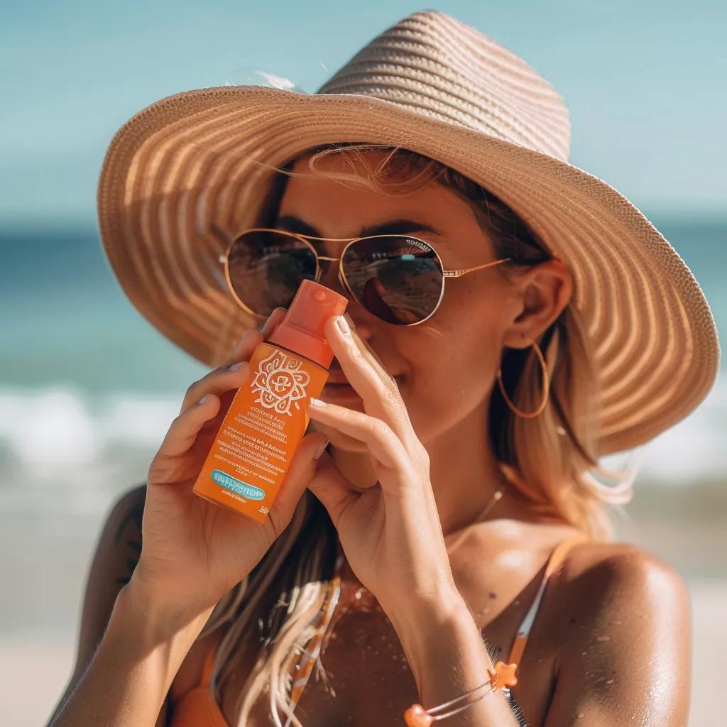 Person applying sunscreen with tanning gummies, promoting safe tanning practices and skin health