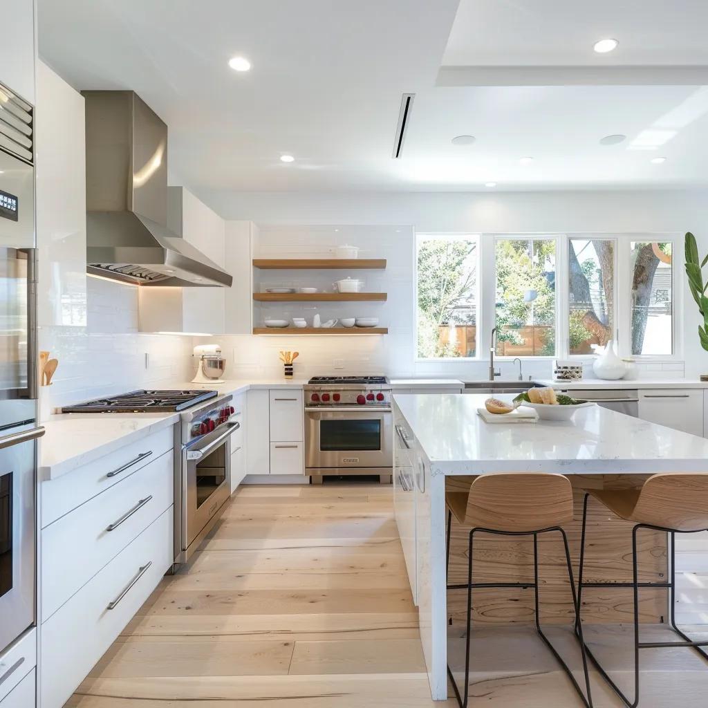 Modern kitchen remodel with white quartz countertops and stainless-steel appliances Modern kitchen remodel with white quartz countertops and stainless-steel appliances