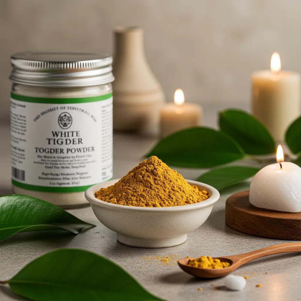 White Tiger Powder incense setup with natural elements, evoking tranquility and relaxation