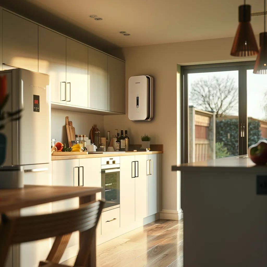 Modern kitchen featuring a sleek boiler mounted on the wall, stylish cabinetry, and a well-organized countertop with cooking essentials, emphasizing efficient heating solutions for Wigan homes.