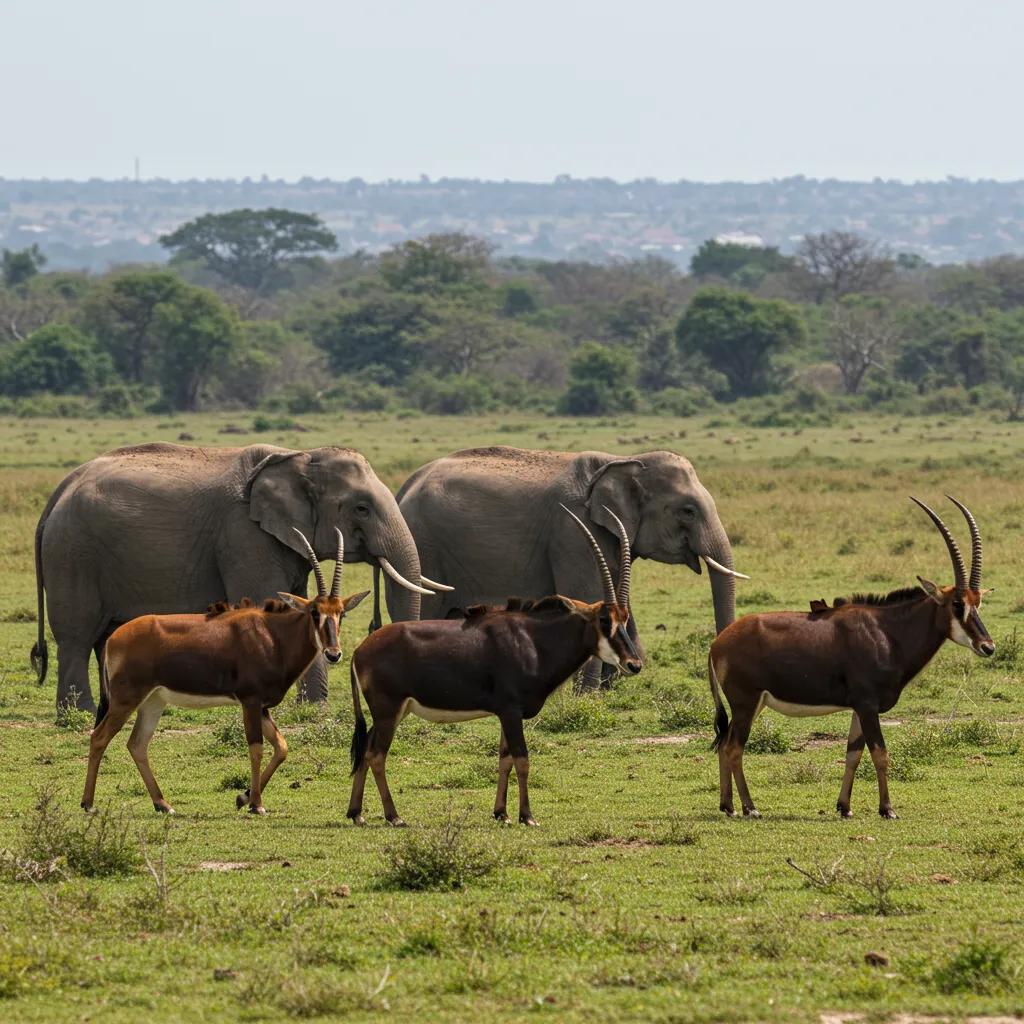 Wildlife in Shimba Hills National Reserve, showcasing elephants and sable antelope in a natural setting