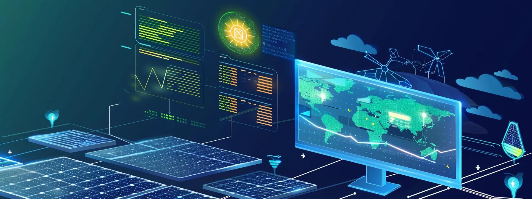 A solar farm with AI-powered monitoring displays, showcasing data analytics and energy optimization in real-time.