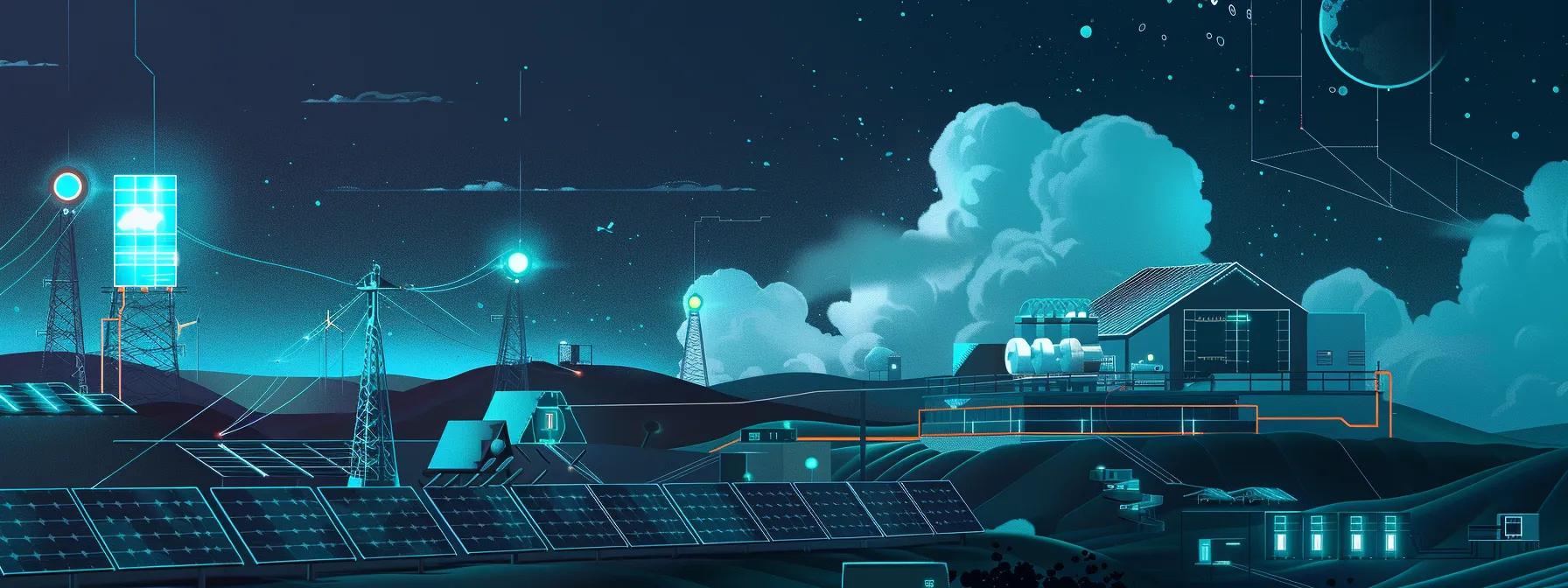 A solar farm with AI-powered monitoring displays, showcasing data analytics and energy optimization in real-time.