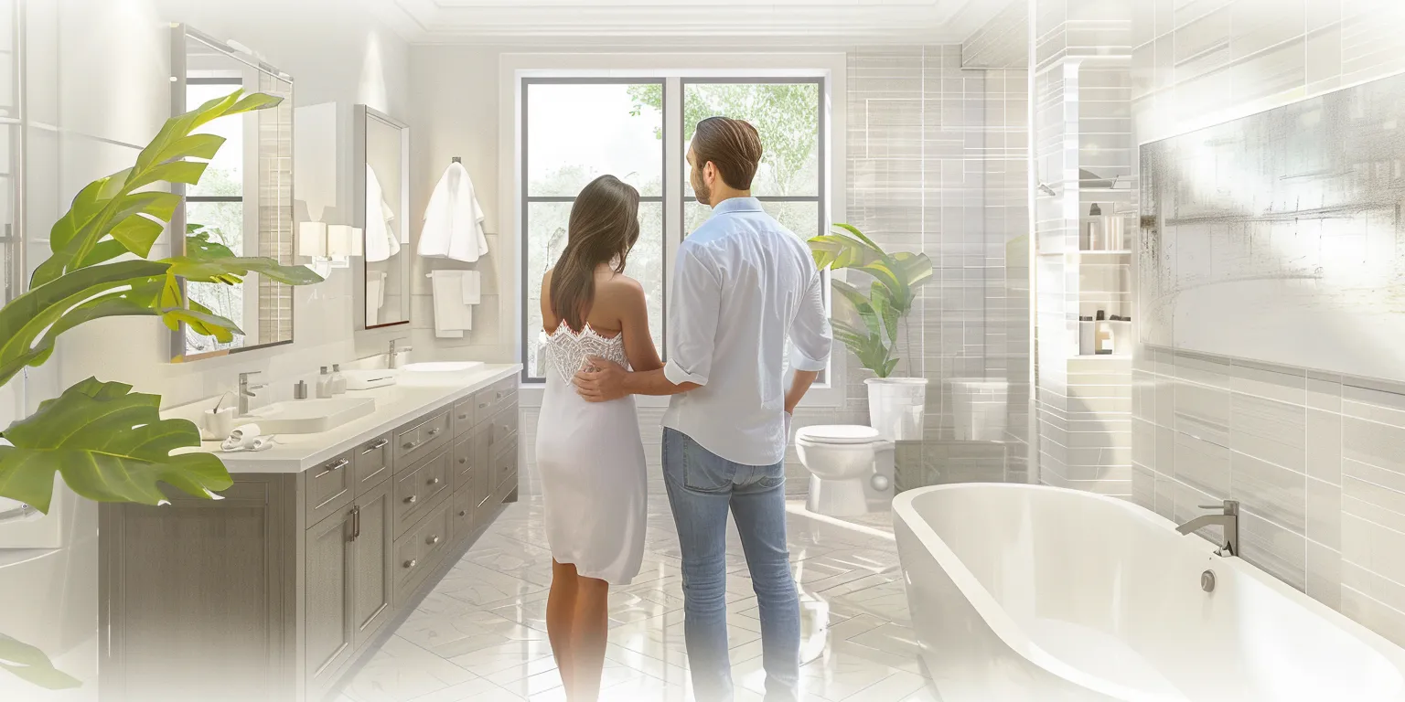 Couple admiring a modern bathroom with elegant fixtures, large windows, and greenery, showcasing home remodeling potential for a relaxing retreat.