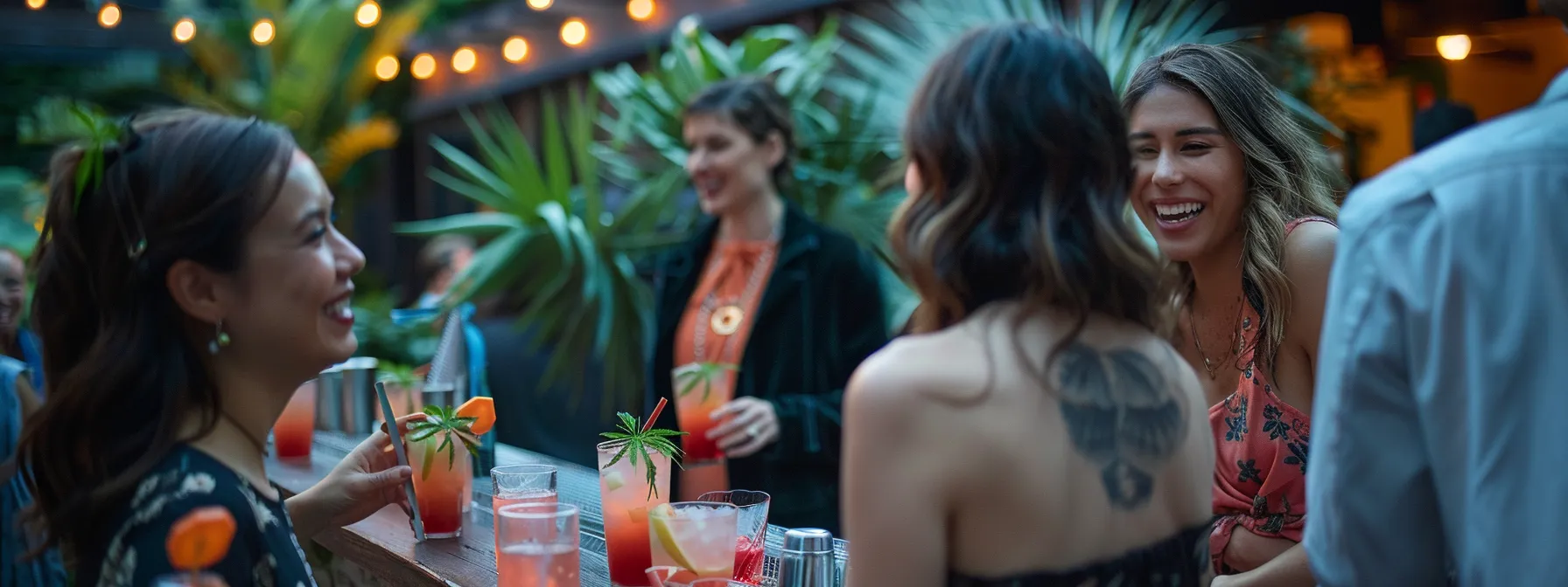 A lively, social gathering with friends laughing and mingling in a warm, modern setting—think rooftop hangout, backyard party, or cozy indoor lounge. Glasses of cannabis-infused drinks with fruit garnishes are casually in hand, replacing typical alcohol. The vibe is confident, relaxed, and connected. Soft lighting, bold colors, and a clean, stylish aesthetic reflect a fresh alternative to booze. No logos or product cans visible.