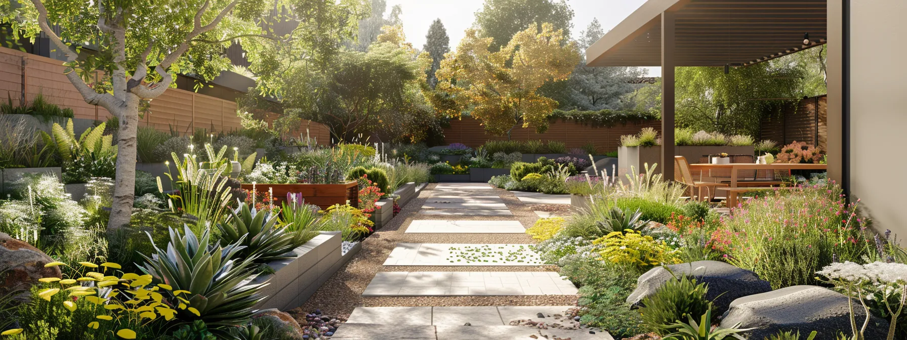 A serene garden with permeable paver walkways, reclaimed stone patios, and drought-resistant plants.
