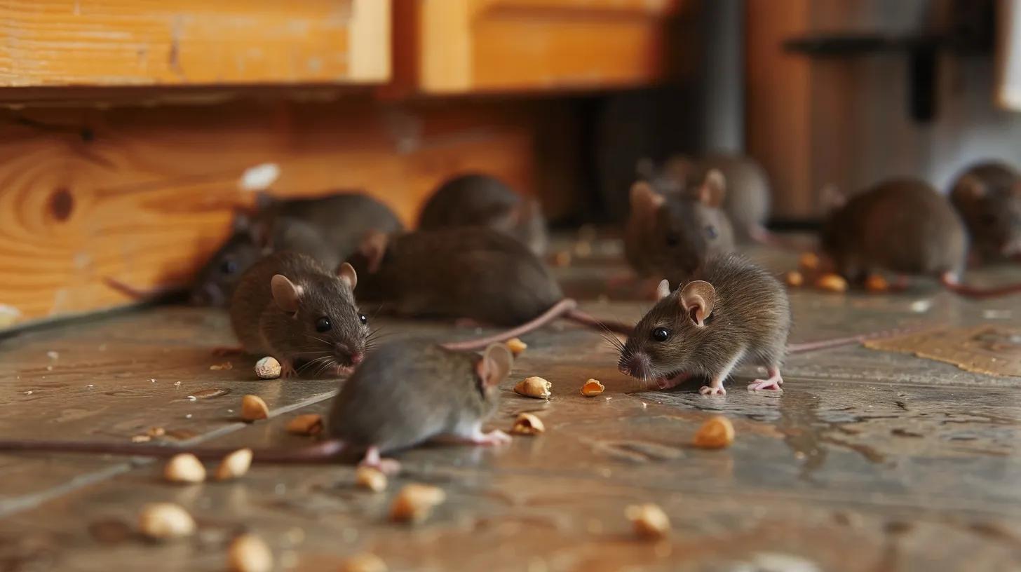 Mice foraging on a kitchen floor scattered with food debris, illustrating common rodent pest issues relevant to pest control in West Palm Beach and Lake Worth Beach.