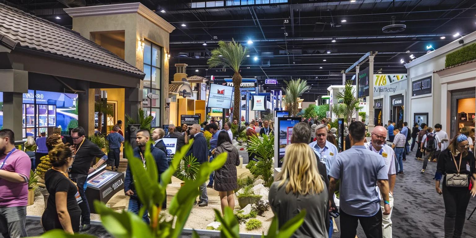 Real estate fair in Las Vegas showcasing various property solutions, attendees engaging with exhibits and networking, modern event setup with palm trees and informational displays.