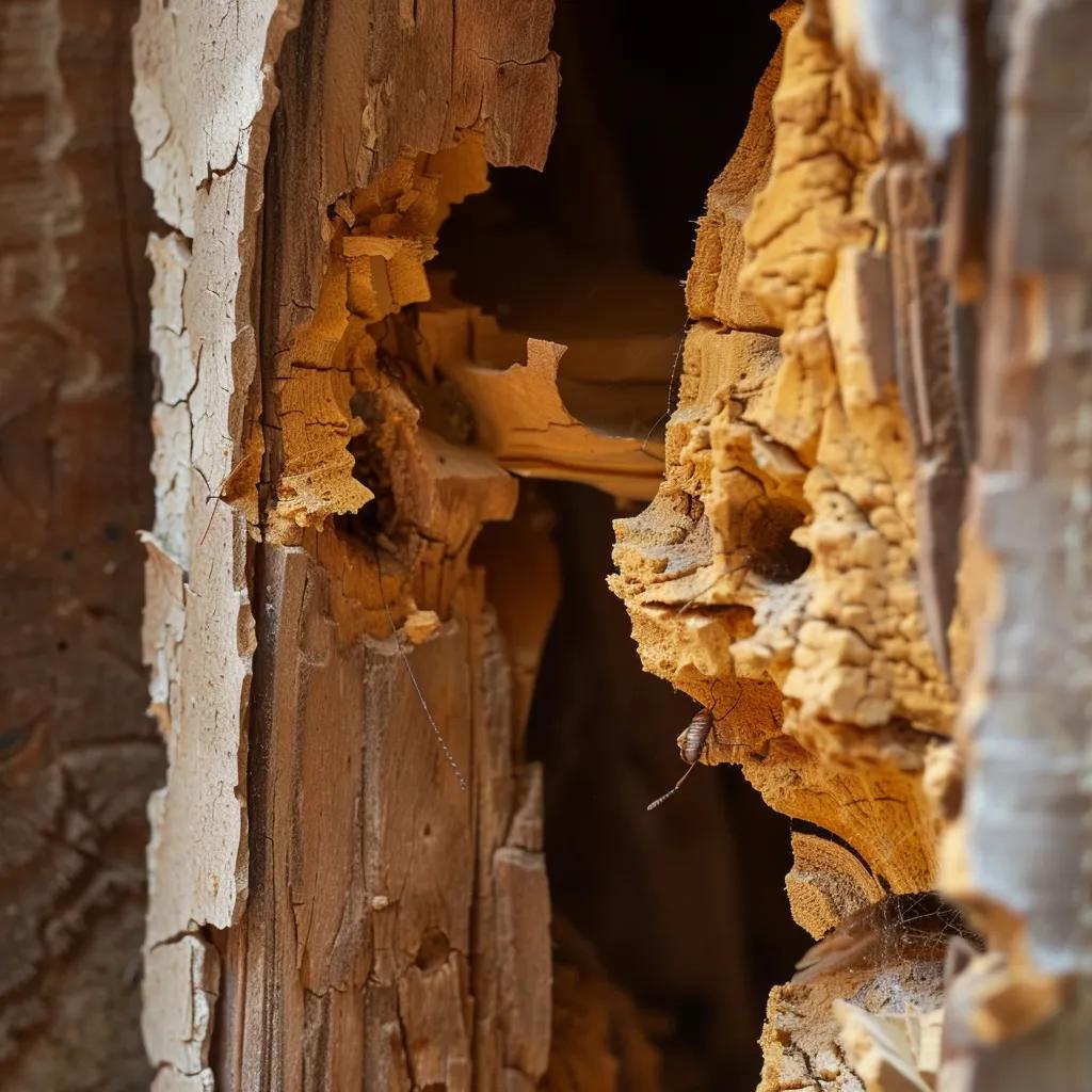 Close-up of damaged wooden structures showing termite damage in a residential property