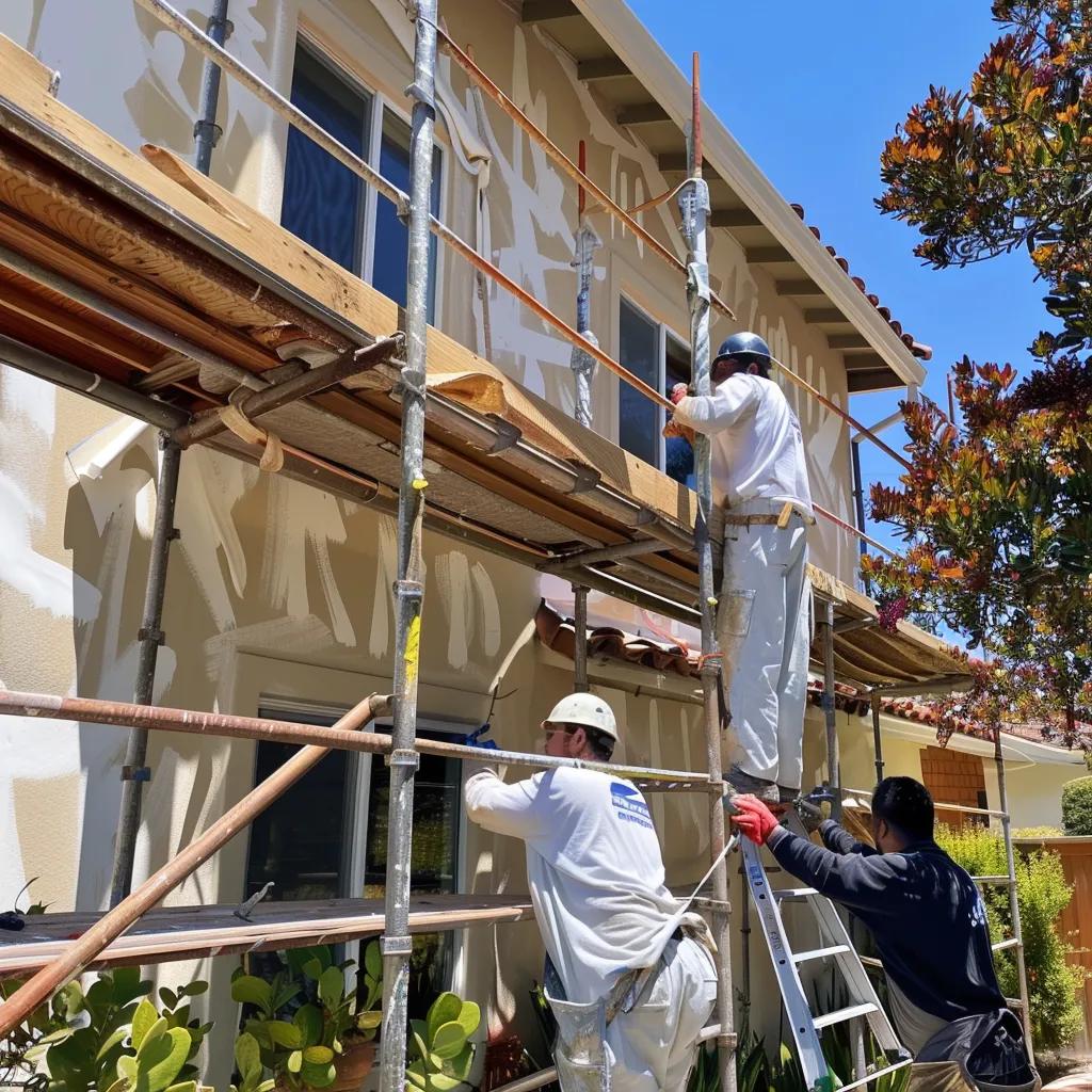 Professional painters applying a fresh coat of paint on a Monterey home, showcasing quality workmanship