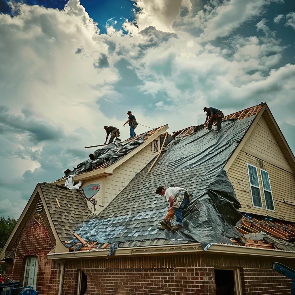 Roofing team handling storm damage repairs on a house