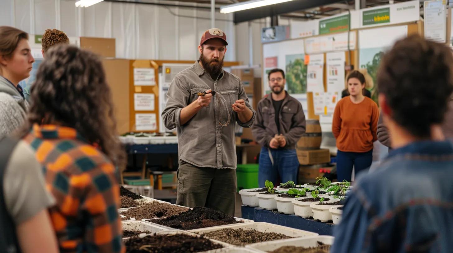 a vibrant indoor workshop scene features an expert demonstrating advanced soil testing techniques and compost application to a captivated audience of gardeners, with charts on soil health displayed prominently in the background. a vibrant indoor workshop scene features an expert demonstrating advanced soil testing techniques and compost application to a captivated audience of gardeners, with charts on soil health displayed prominently in the background.