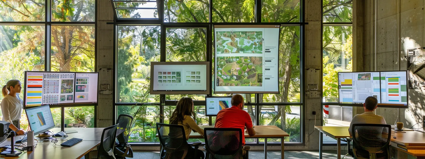 a dynamic architectural workspace filled with vibrant design software on screens, showcasing an engaged team in a lively discussion about sustainable project ideas under bright, natural lighting.