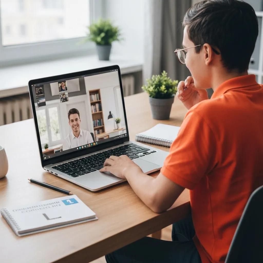 Young adult focused on an online driving course at home, laptop displaying an instructor
