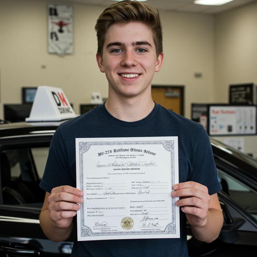 A young adult proudly holding their MV-278 certificate in a DMV setting