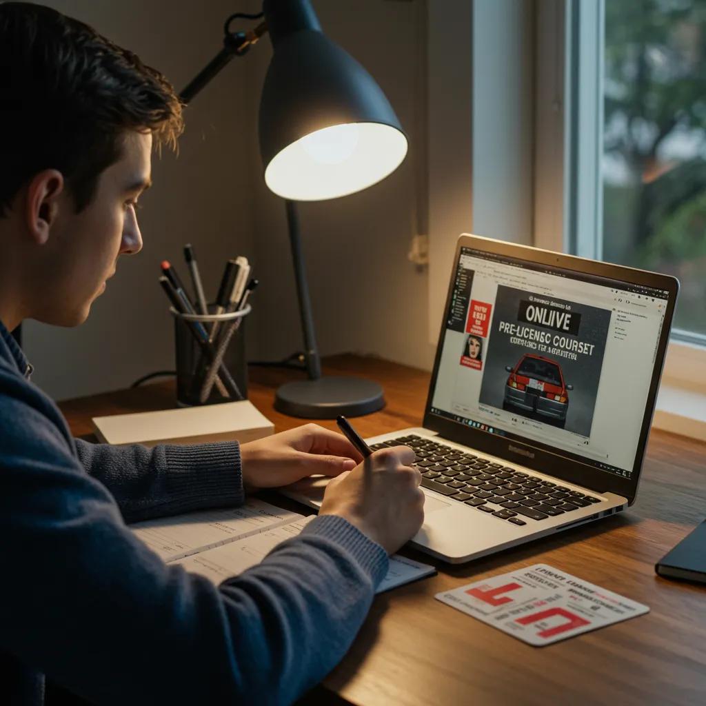 A young adult participating in an online DMV pre-licensing course from the comfort of their home
