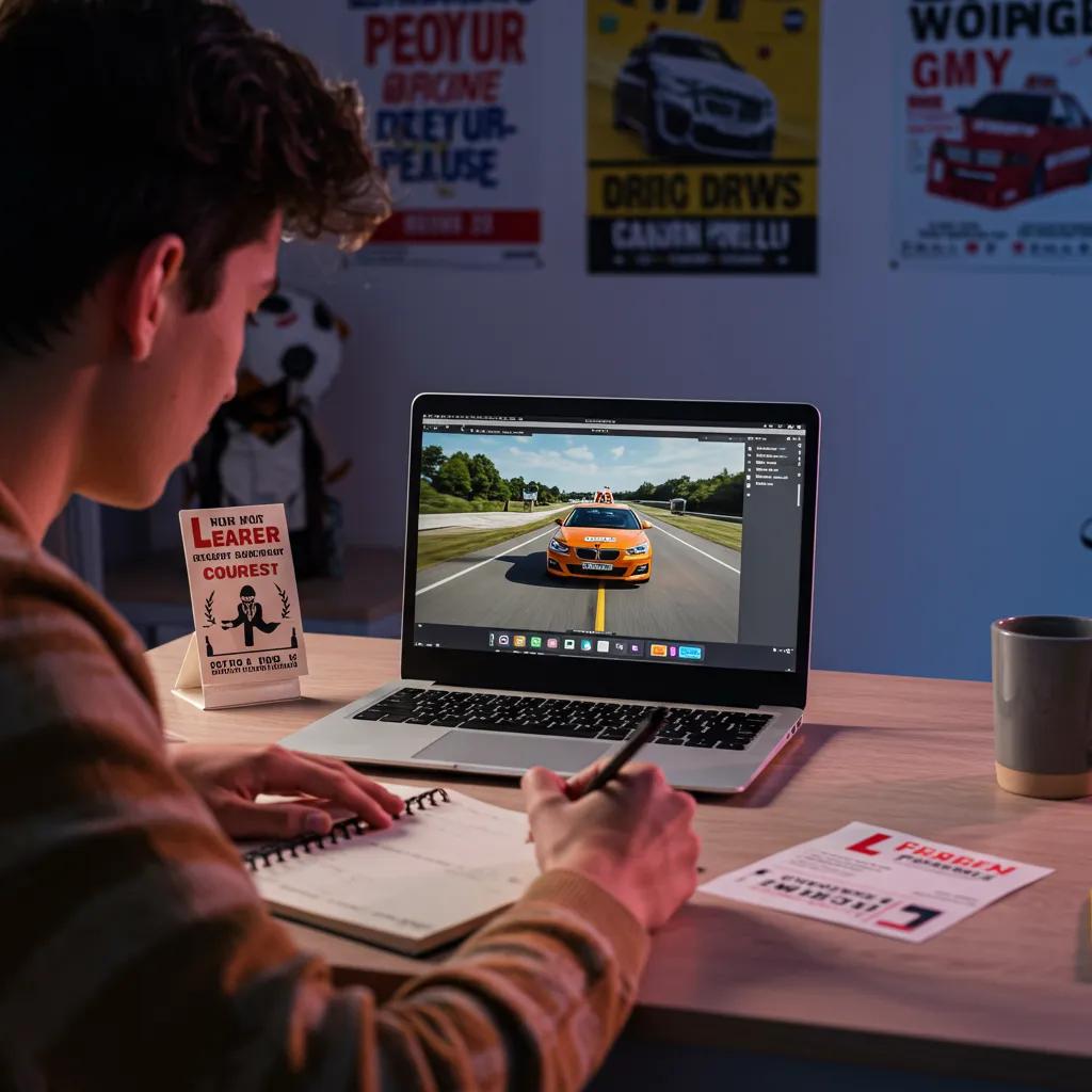 Young adult studying for NY 5 Hour Pre-Licensing Course online with a laptop and learner's permit