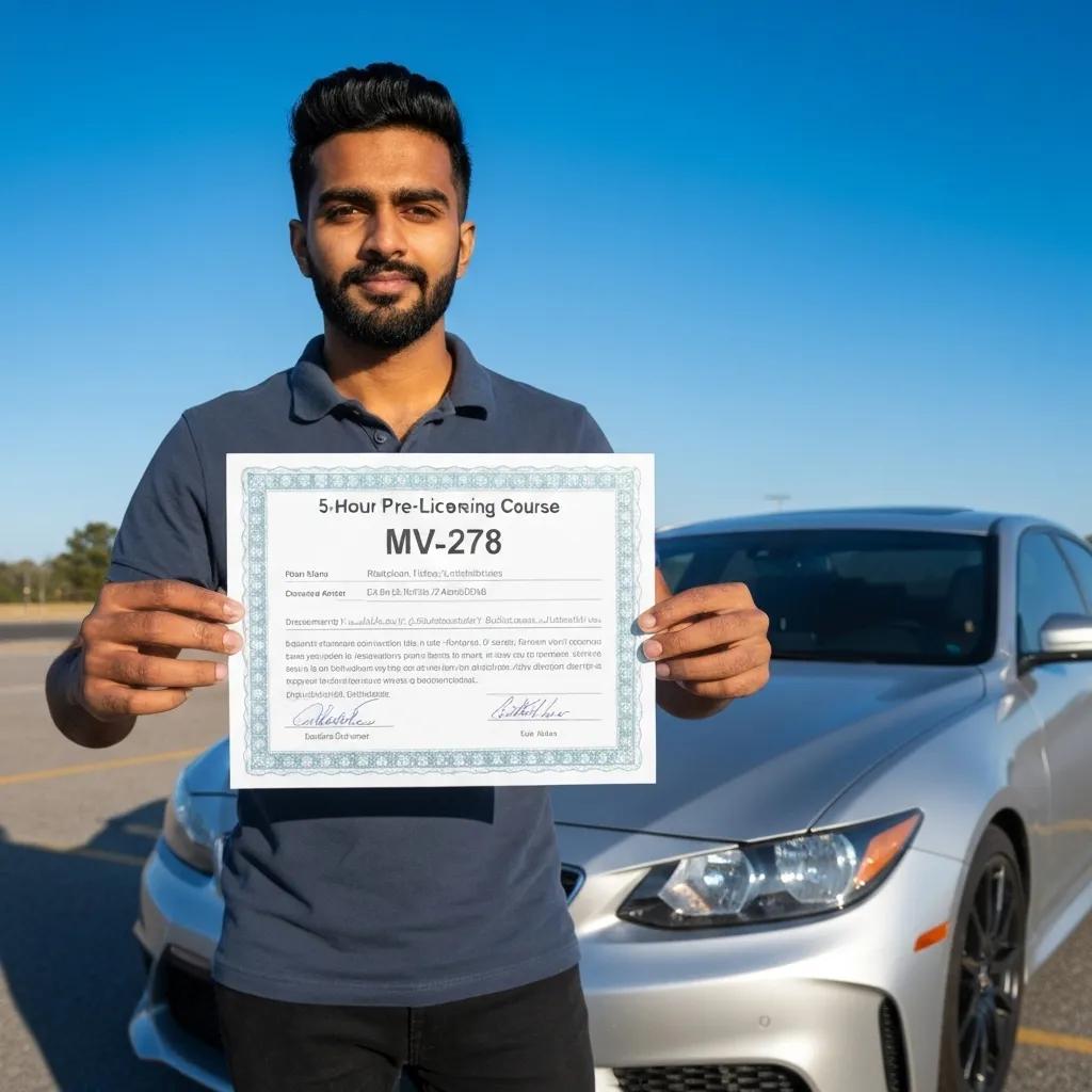 A young driver proudly holding their MV-278 certificate in front of a car, celebrating the completion of the NY 5-Hour Pre-Licensing Course