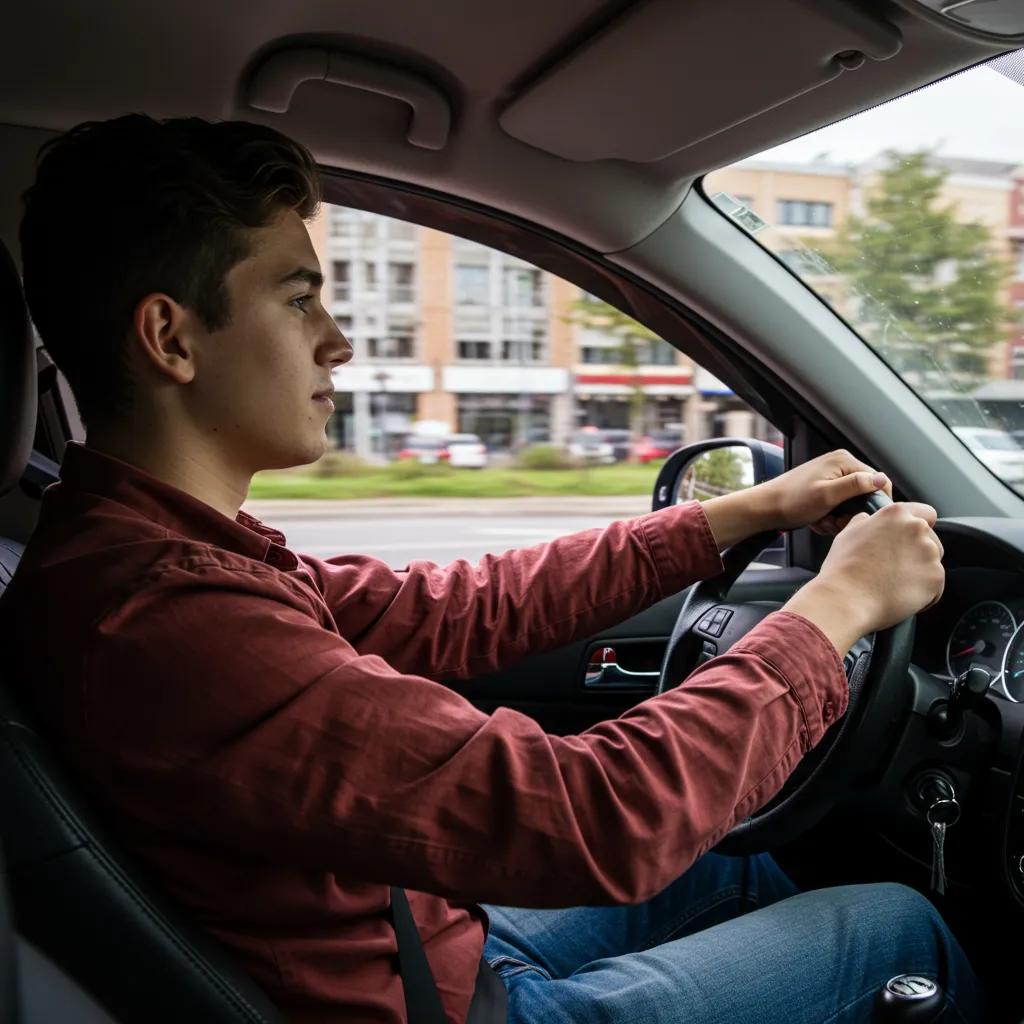 Young driver practicing defensive driving techniques in a car, emphasizing safety and confidence on the road