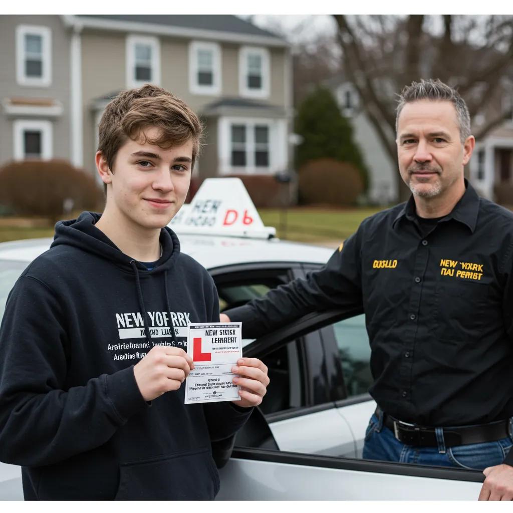 A young driver holding a learner permit interacts with a driving instructor on a street in a suburban neighborhood
