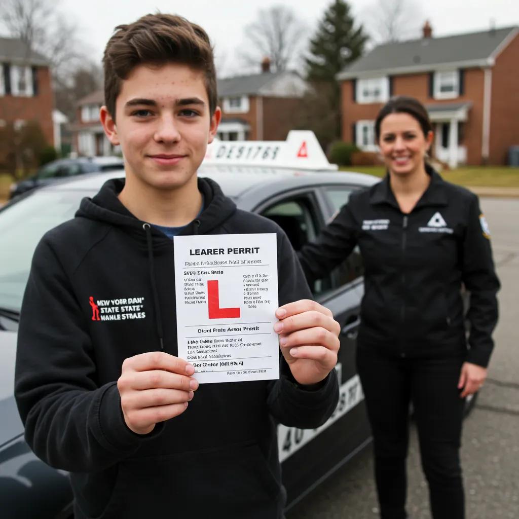 A young driver holding a learner permit, ready to begin driving lessons with an instructor