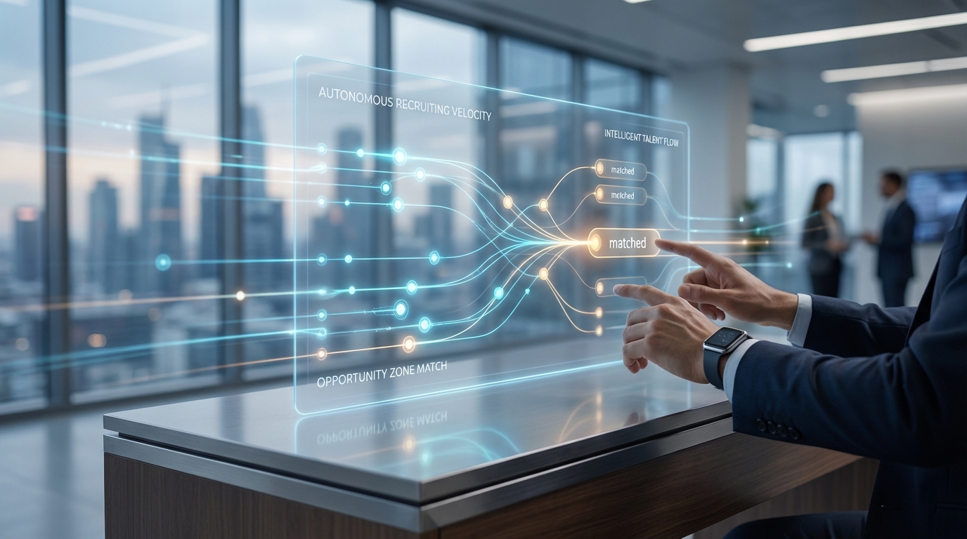 Infographic comparing manual hiring time-to-offer with significantly reduced autonomous recruiting velocity timelines.