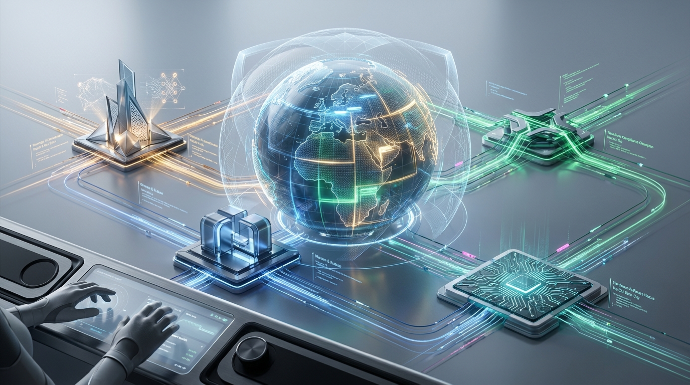 Infographic showing emerging tech hubs for engineering talent in 2026 with icons representing compliance, AI, and talent.