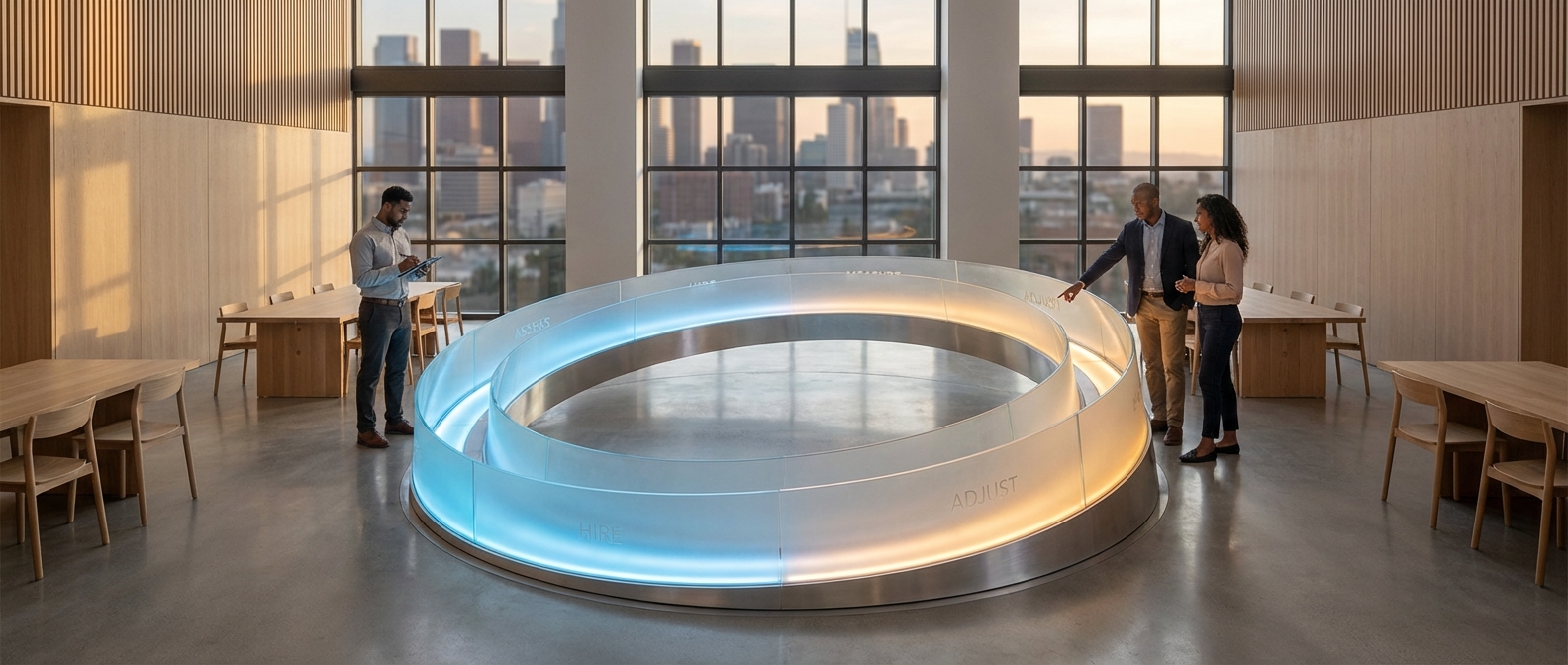 Infographic illustrating a self-correcting talent pipeline with feedback loops and AI integration for enhanced hiring.