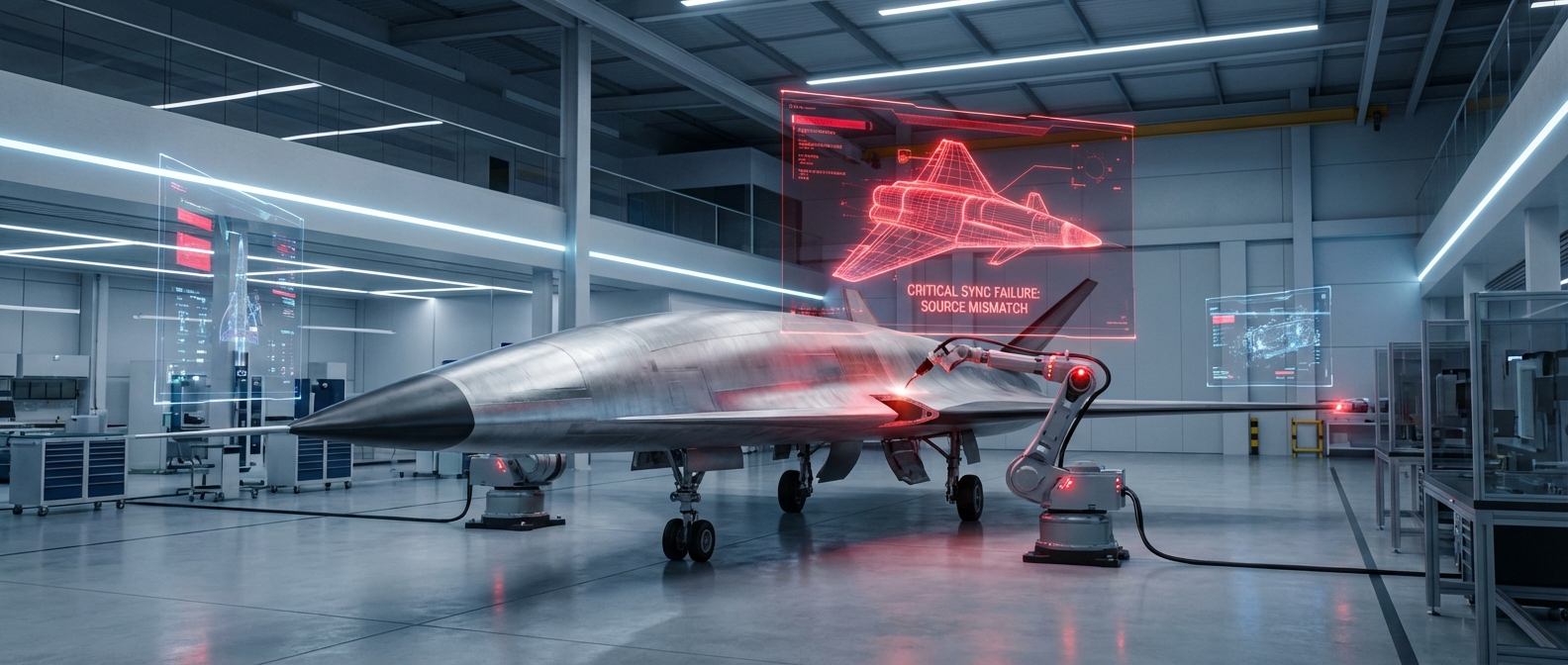 Infographic illustrating disconnected aerospace data leading to program liabilities by 2026.