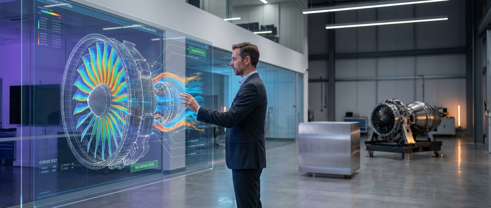 Infographic illustrating the key steps in architecting virtual validation frameworks for aerospace, emphasizing cost reduction and faster time-to-market.