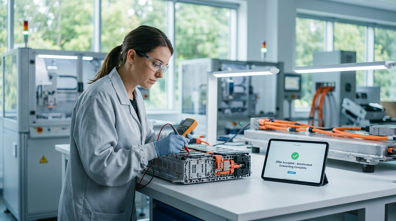 Infographic showing a 52% reduction in time-to-hire for EV battery systems engineers.