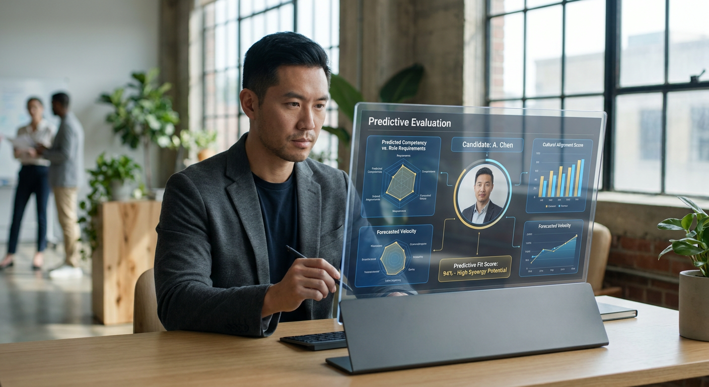 Infographic illustrating the process of reducing hiring mismatches in software teams using predictive evaluation and AI.