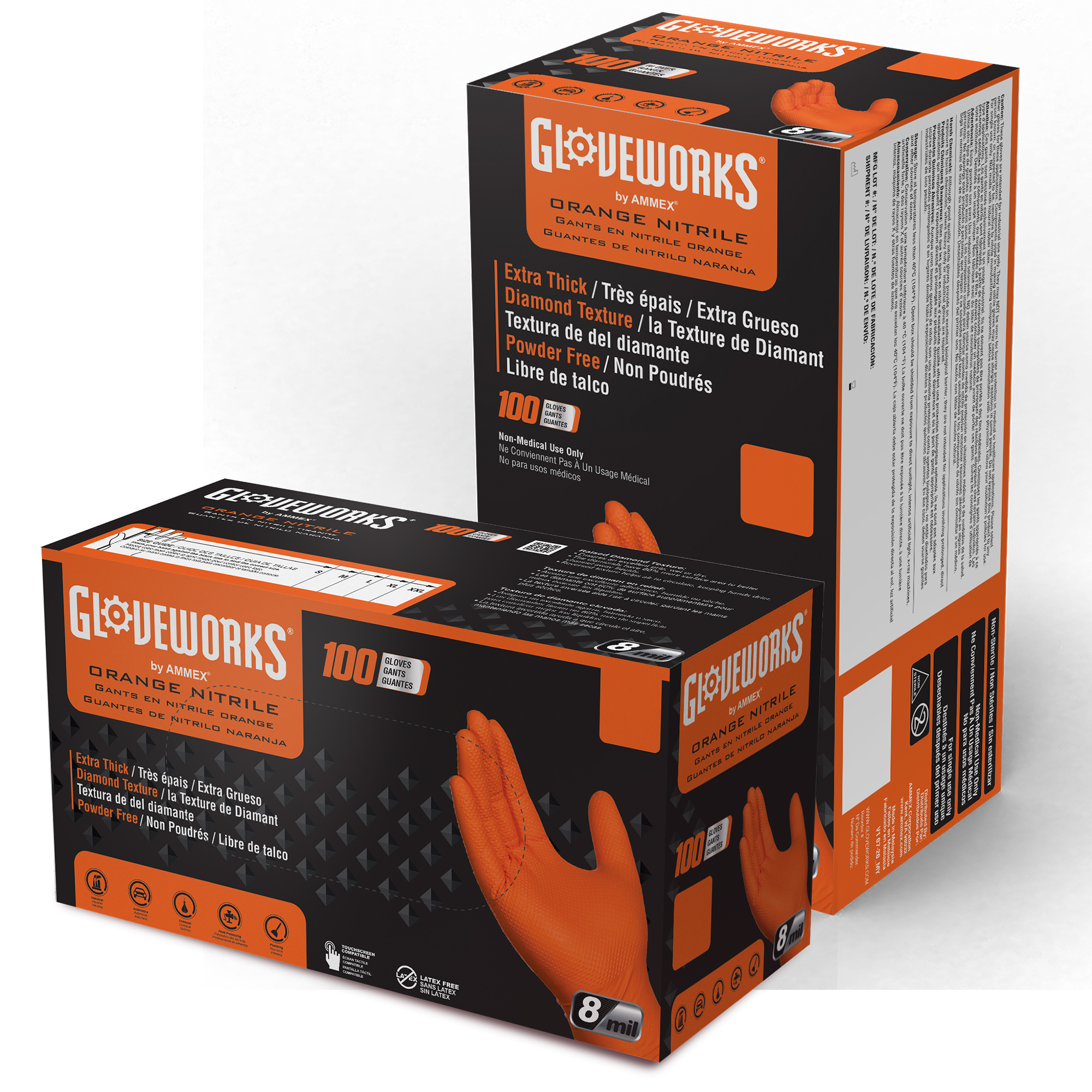 GLOVEWORKS HD Industrial Orange Nitrile Gloves with Raised Diamond Texture  Grip, Box of 100, 8 Mil, Size Small, Latex Free, Powder Free, Textured