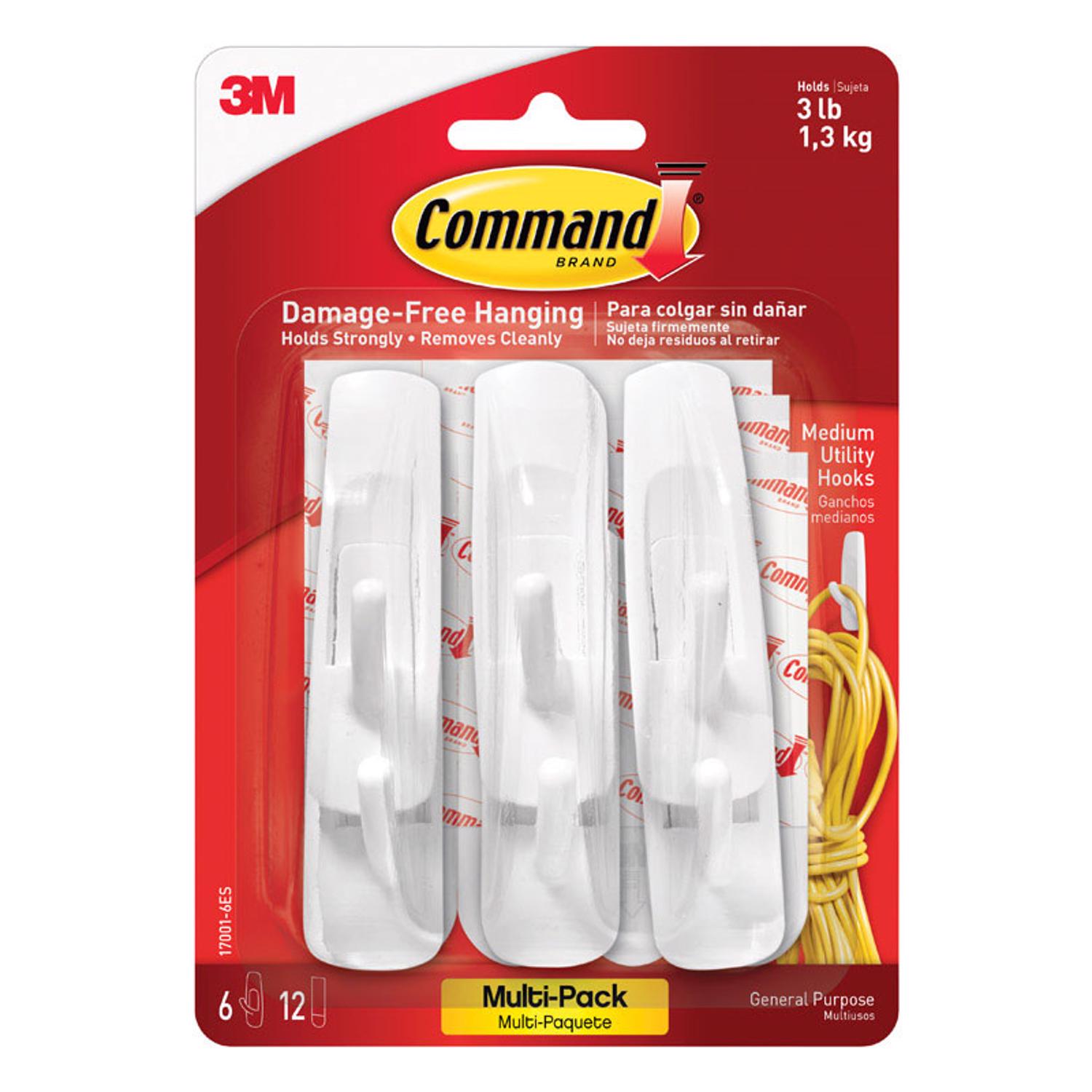 Command Medium Utility Hook Value Pack, White, 6 Hooks, 12 Strips