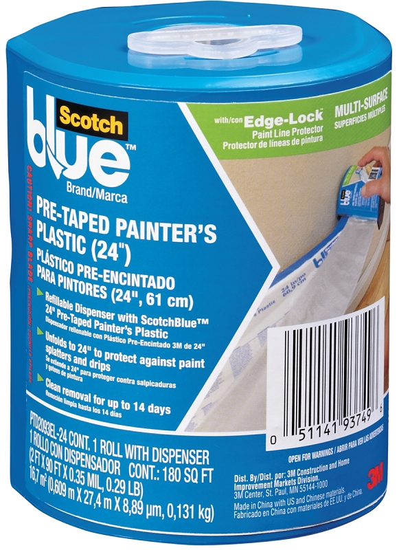 Painter's Plastic + Dispenser, Pre-Taped, 24 In. x 90 Ft.