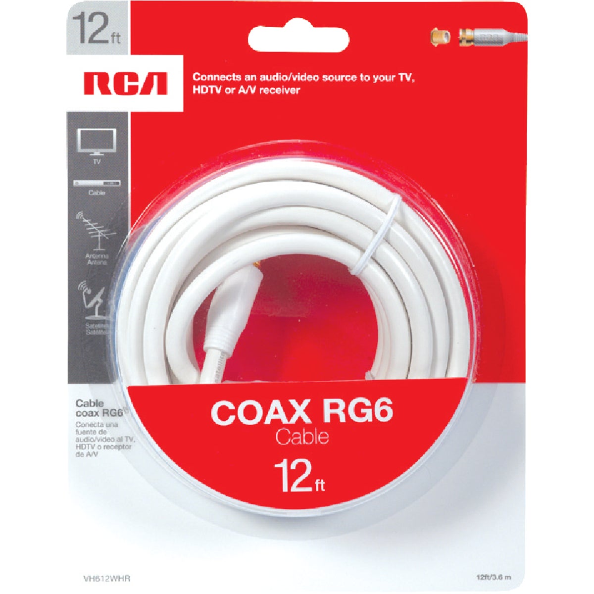 RG6 Coaxial Cable With  F  Connectors, White, 12 Ft.