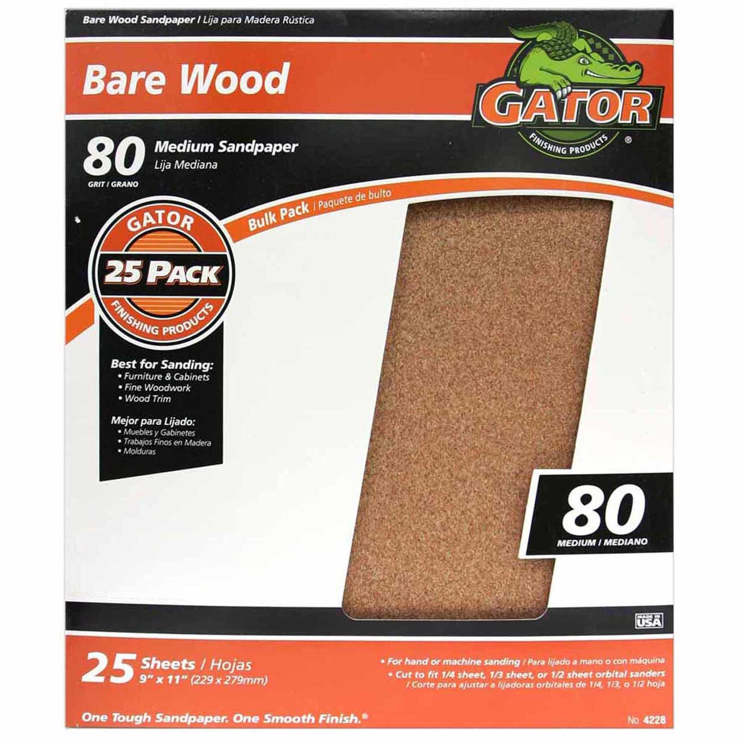 Gator Blade Bare Wood 9 In. x 11 In. 80 Grit Medium Sandpaper (25-Pack)