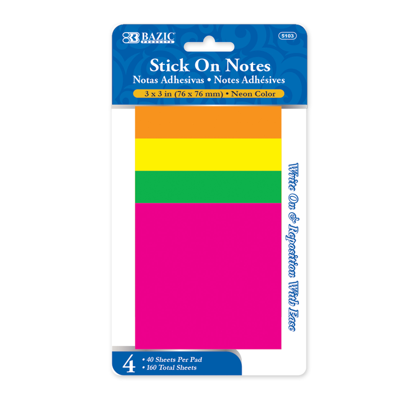 Bazic - Stick On Notes 3x3' Neon 4pc (Pack of 4)