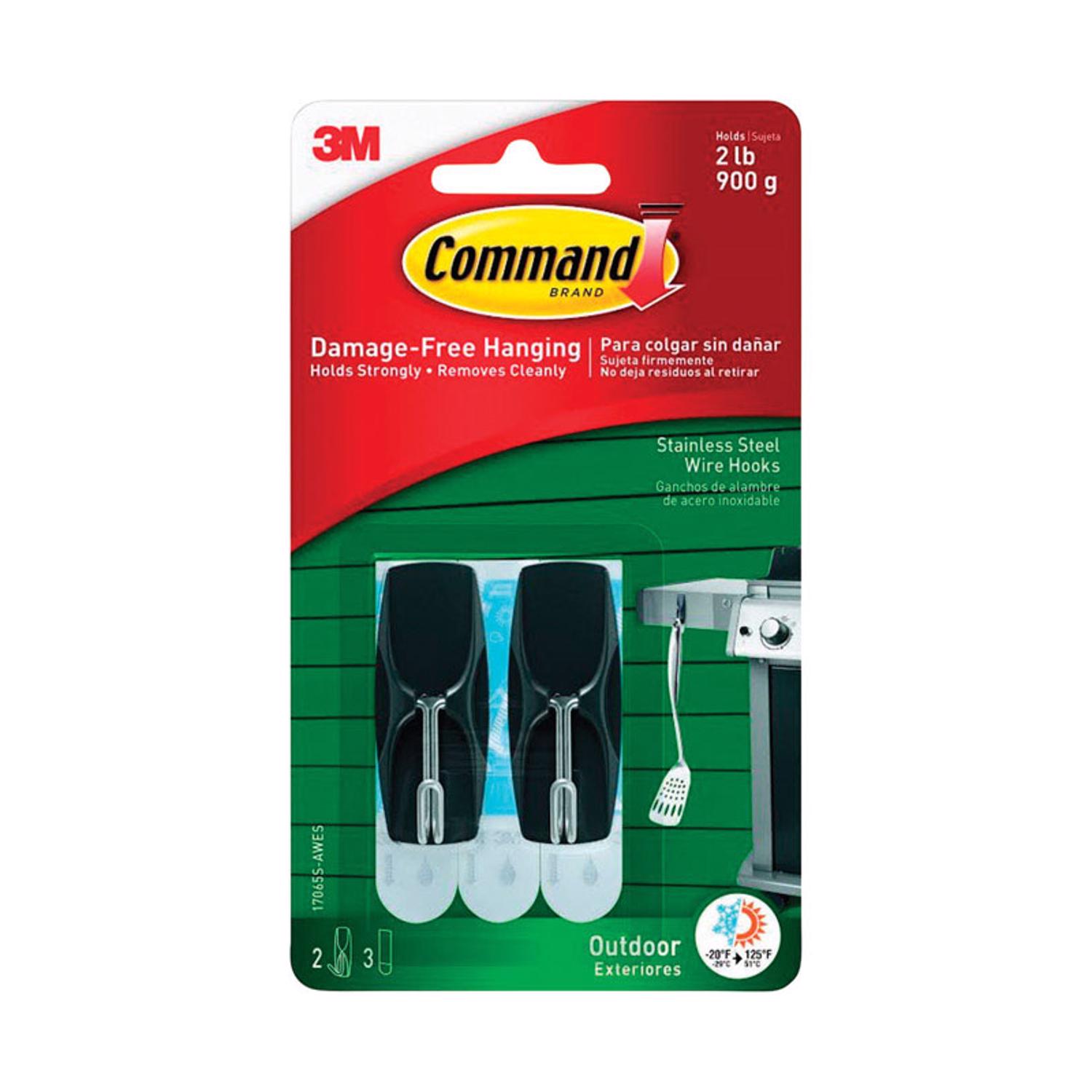 Command Outdoor Stainless Steel Wire Hooks with Foam Strips, 2 Hooks, 3 Strips