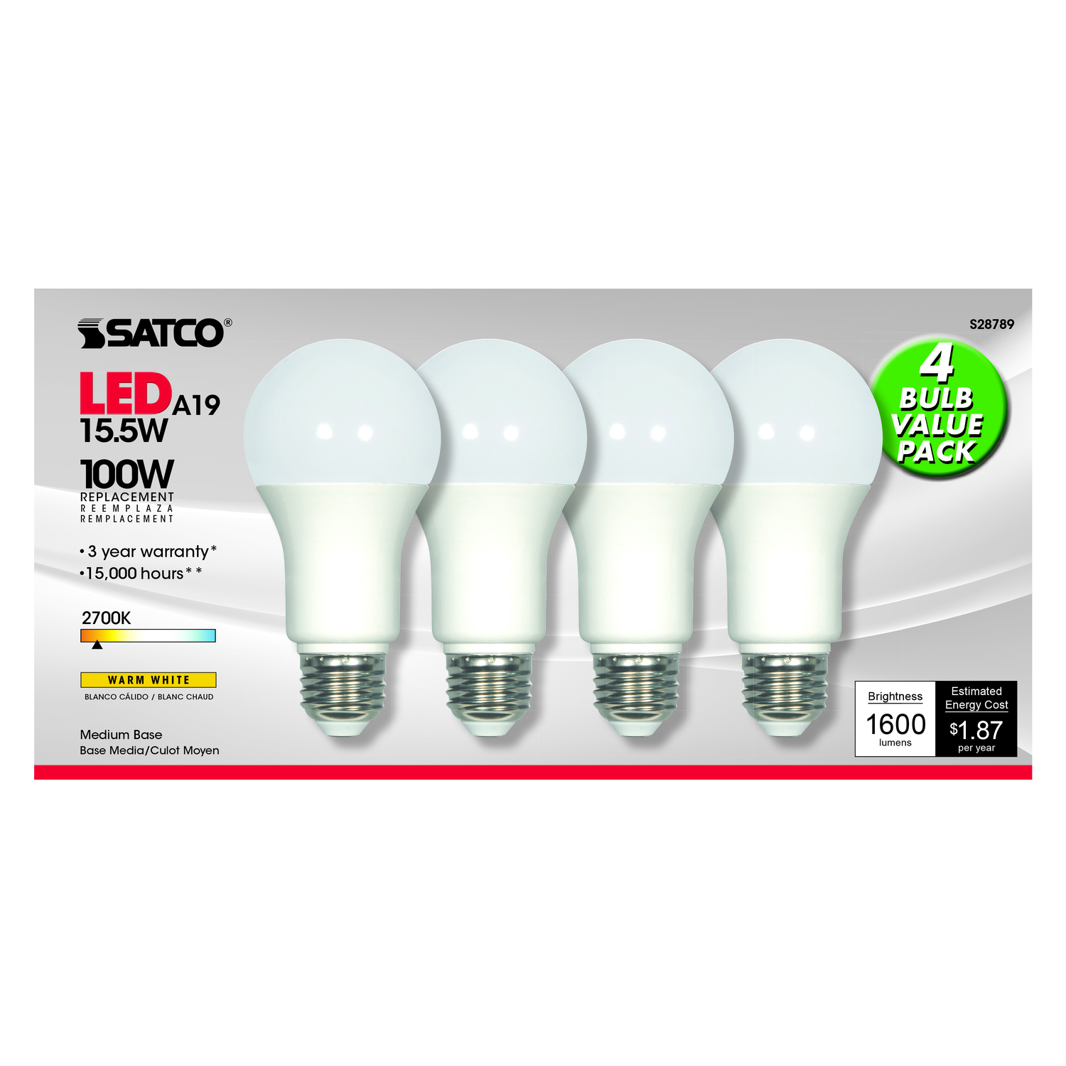 Satco 100W Equivalent Warm White A19 Medium LED Light Bulb