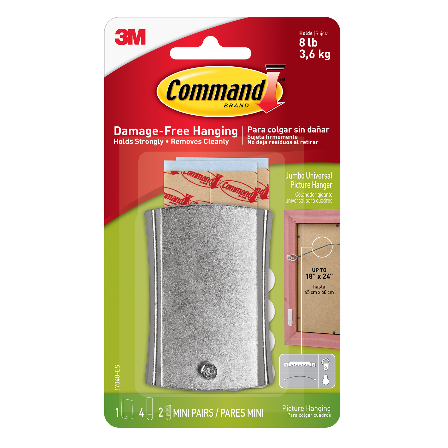 Command Sticky Nail Wire-Backed Hanger, Silver, 1 Hanger, 4 Large Strips, 2 Pairs of Mini Strips