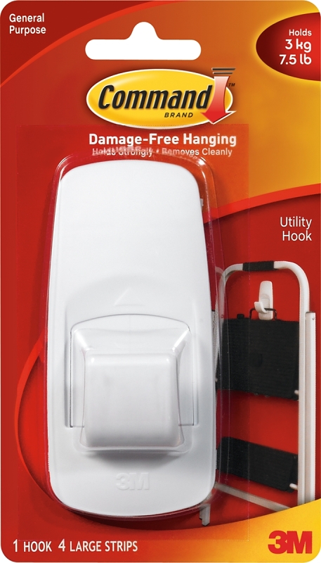 Command Jumbo Utility Hook, White, 1 Hook, 4 Strips