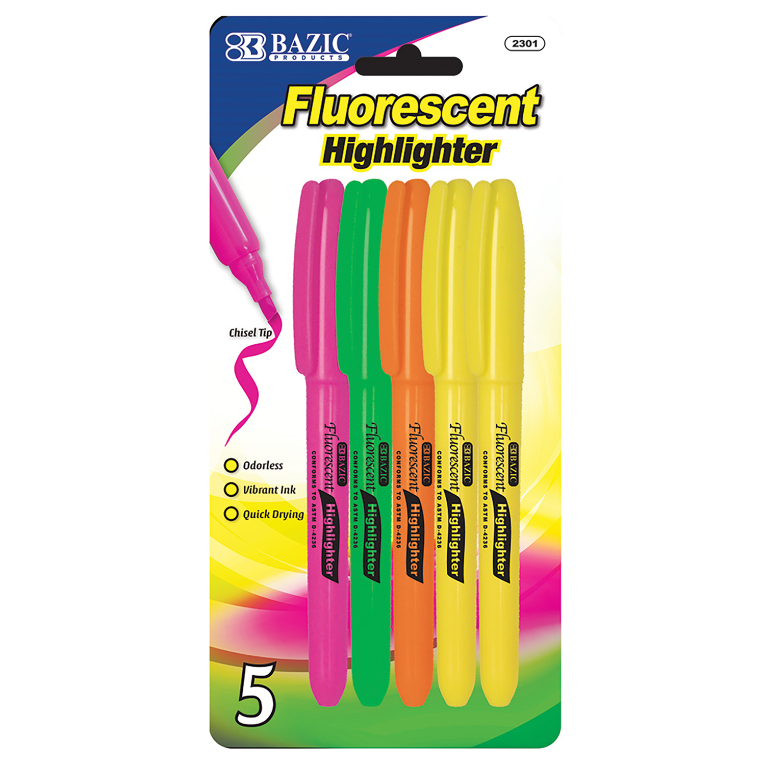 Pen Style Fluorescent Highlighter with Pocket Clip - 5 Per Pack