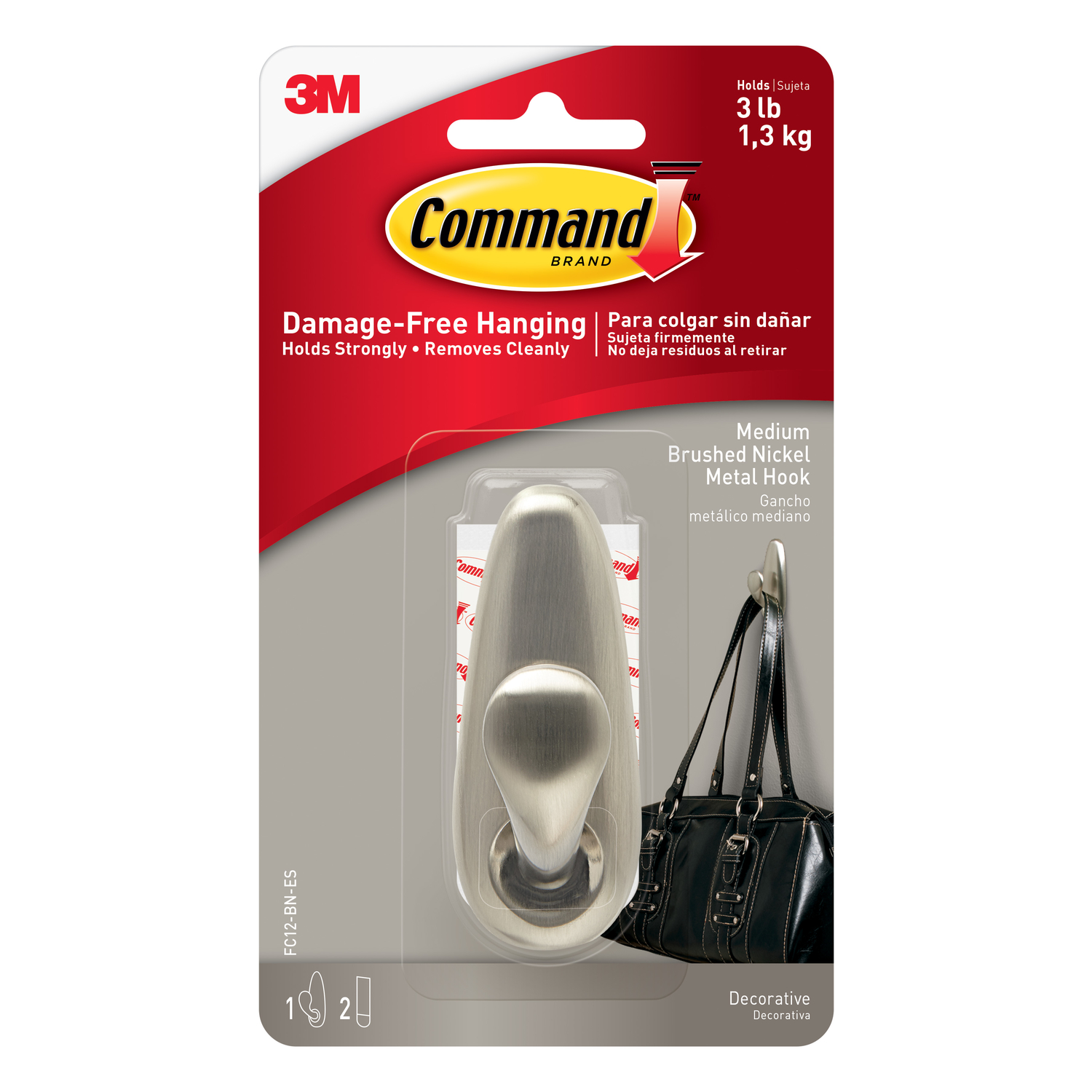 Command Medium Forever Classic Hook, Brushed Nickel, 1 Hook, 2 Strips