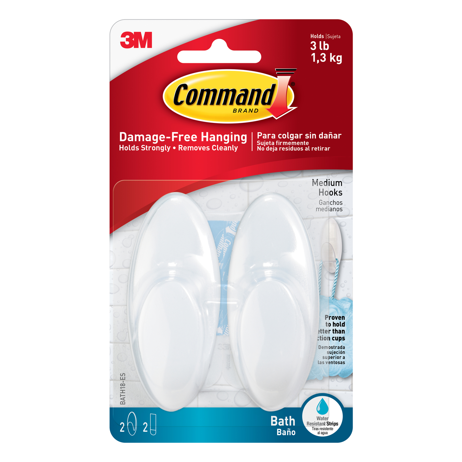Command Medium Bath Hook, White, 2 Hooks, 2 Strips