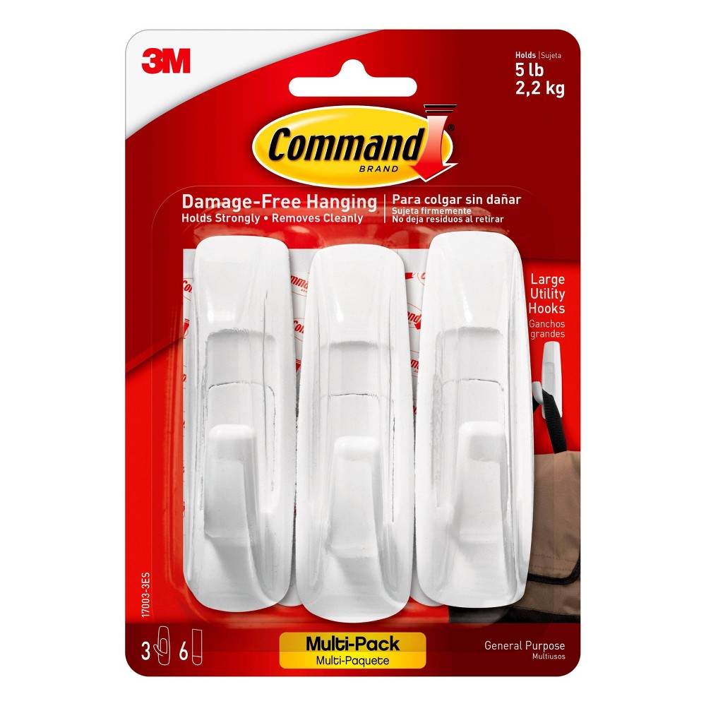 Command Large Utility Hook Value Pack, White, 6 Hooks, 16 Strips