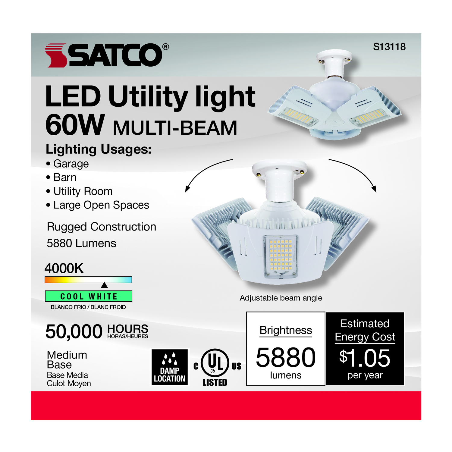 Satco Nuvo 175W HID Equivalent Corn Cob Medium Base Multi-Beam LED High-Intensity Replacement Light Bulb