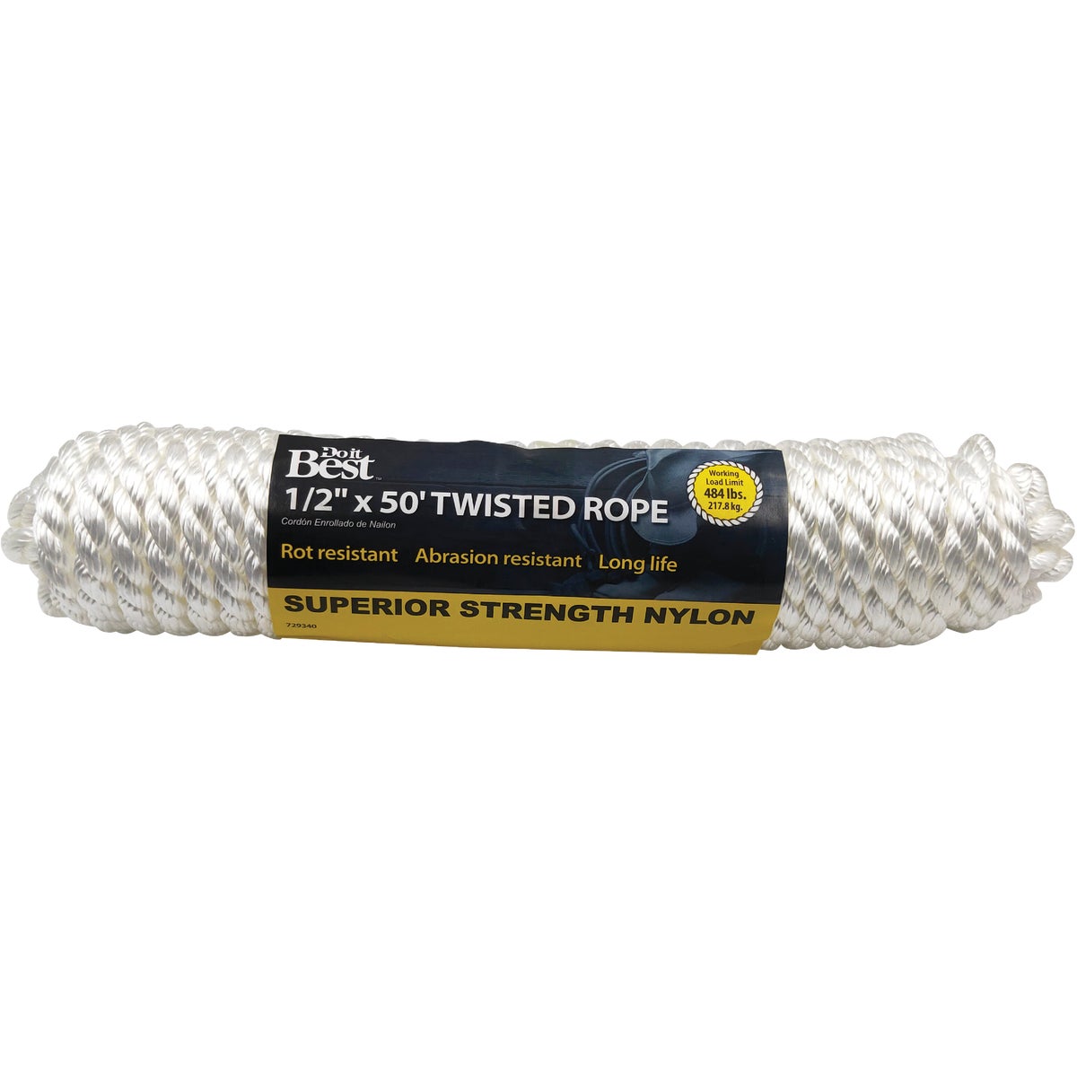 1/2 In. X 50 Ft. White Twisted Nylon Rope - Model 729340