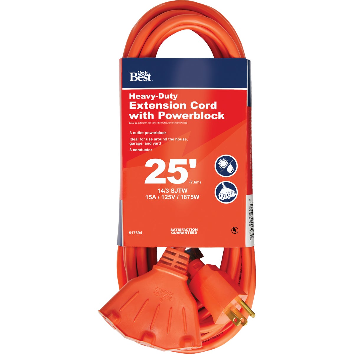 25 Ft. 14/3 Heavy-duty Extension Cord With Powerblock And Triple Outlet
